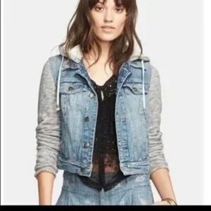 Free People Distressed Denim Knit Sleeved Hooded Jacket